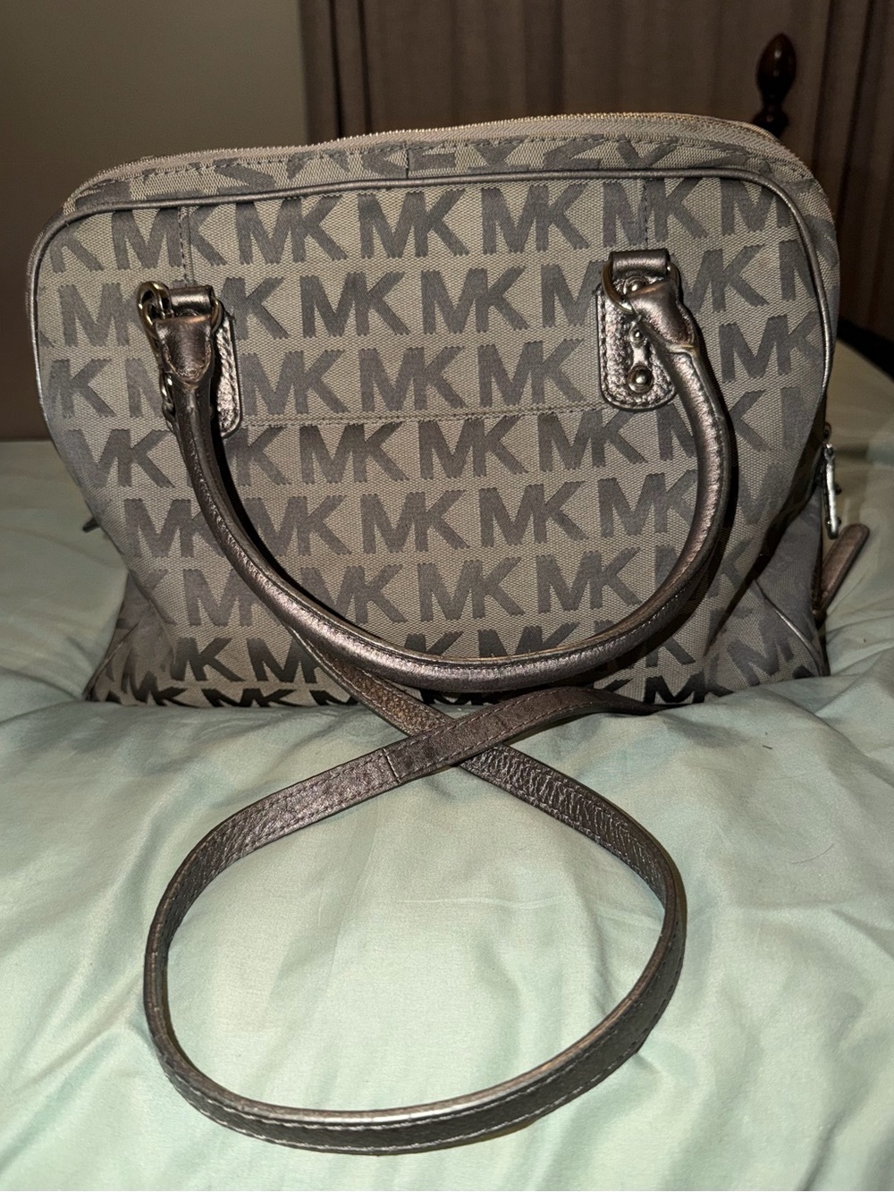 Michael Kors Gray MK Monogram Satchel with Metallic Handles